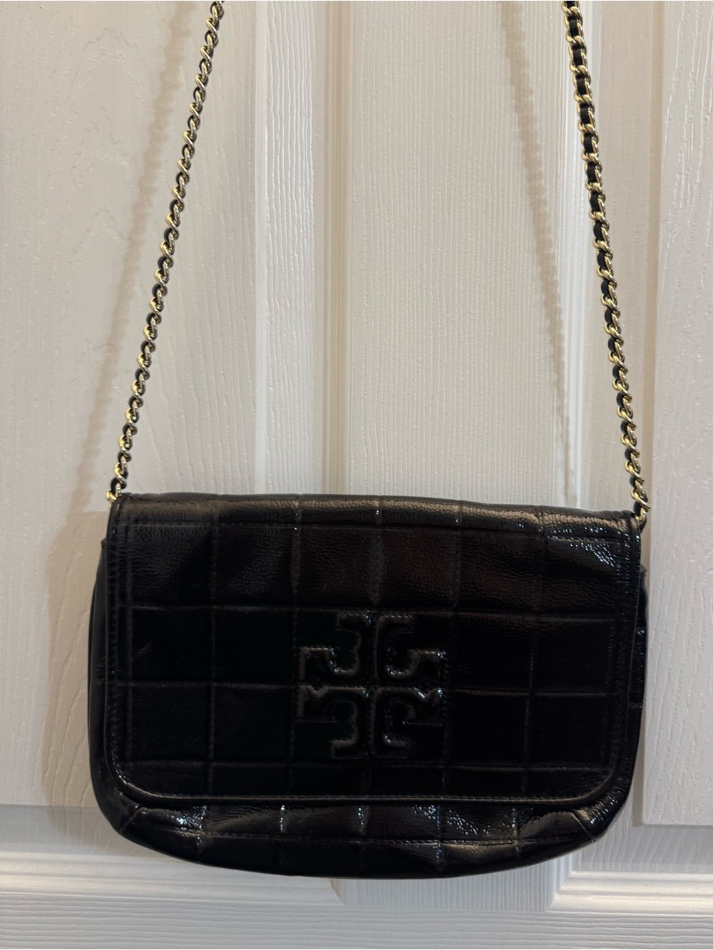Tory Burch Patent Black Quilted Leather Gold Tone Chain Shoulder bag w dust bag